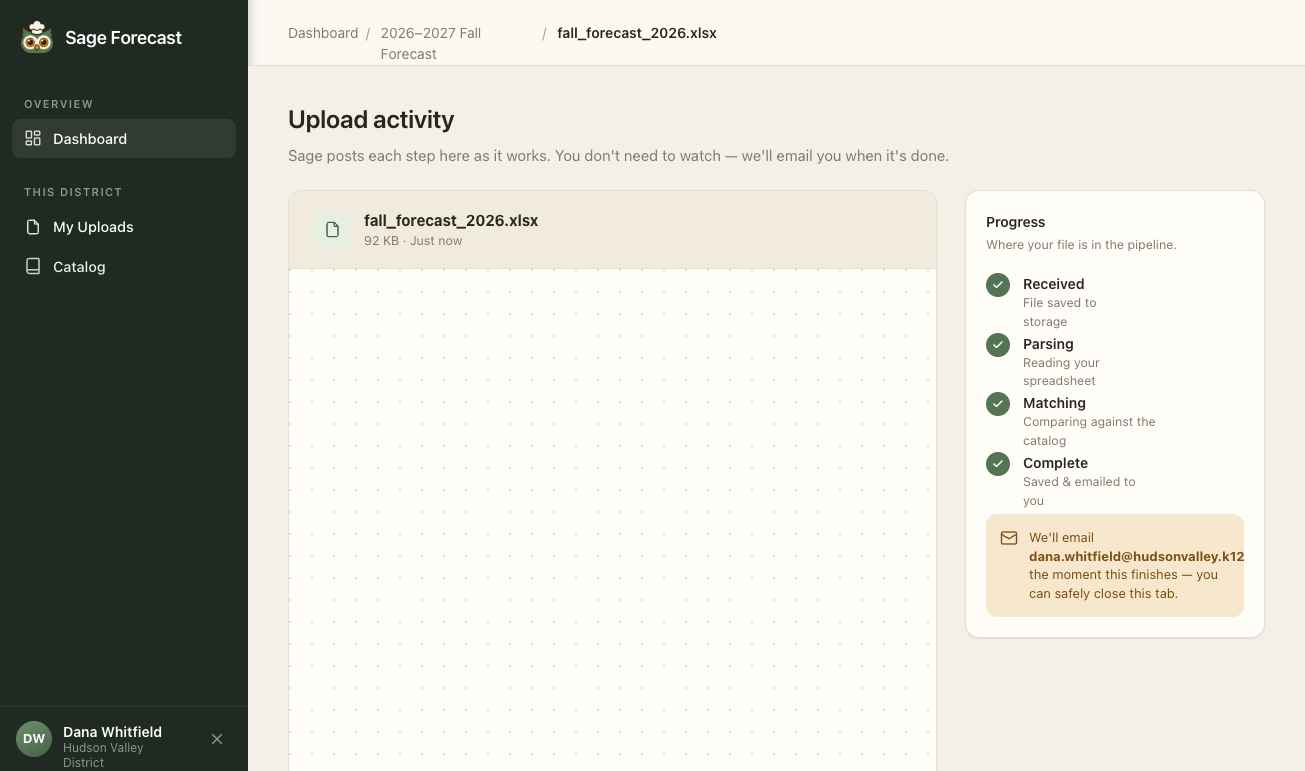 Sage narrating the parsing and matching of an uploaded file